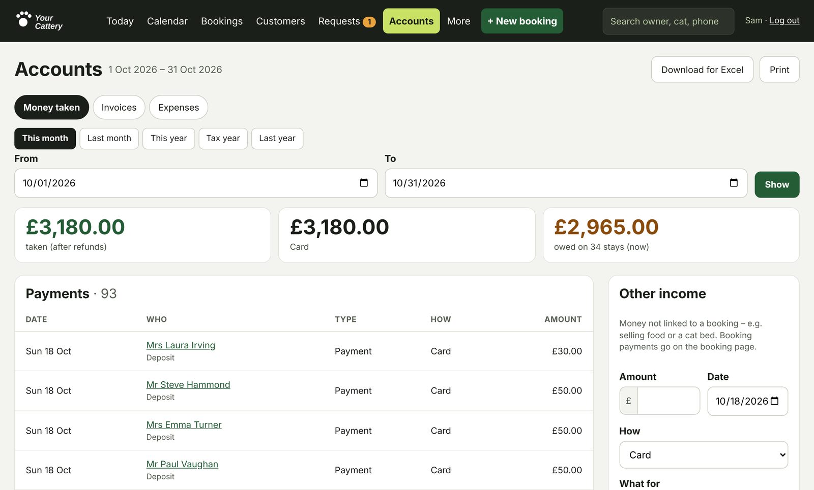 Takings and payments