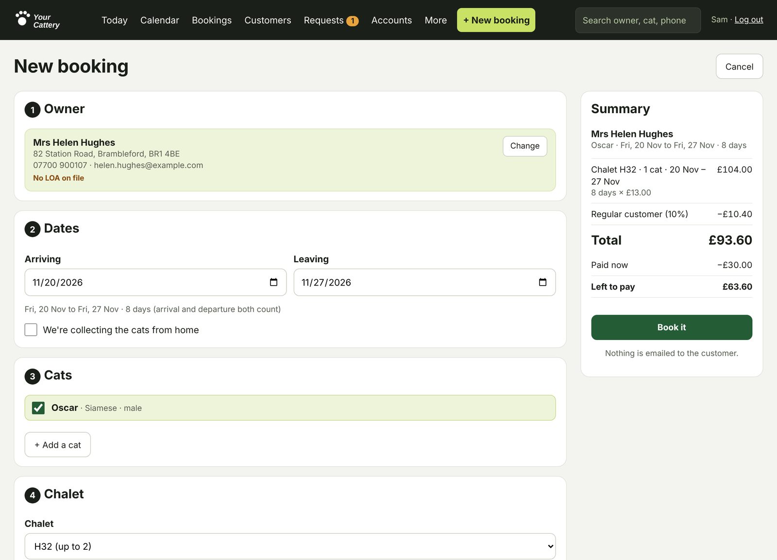 The new booking form with the price worked out