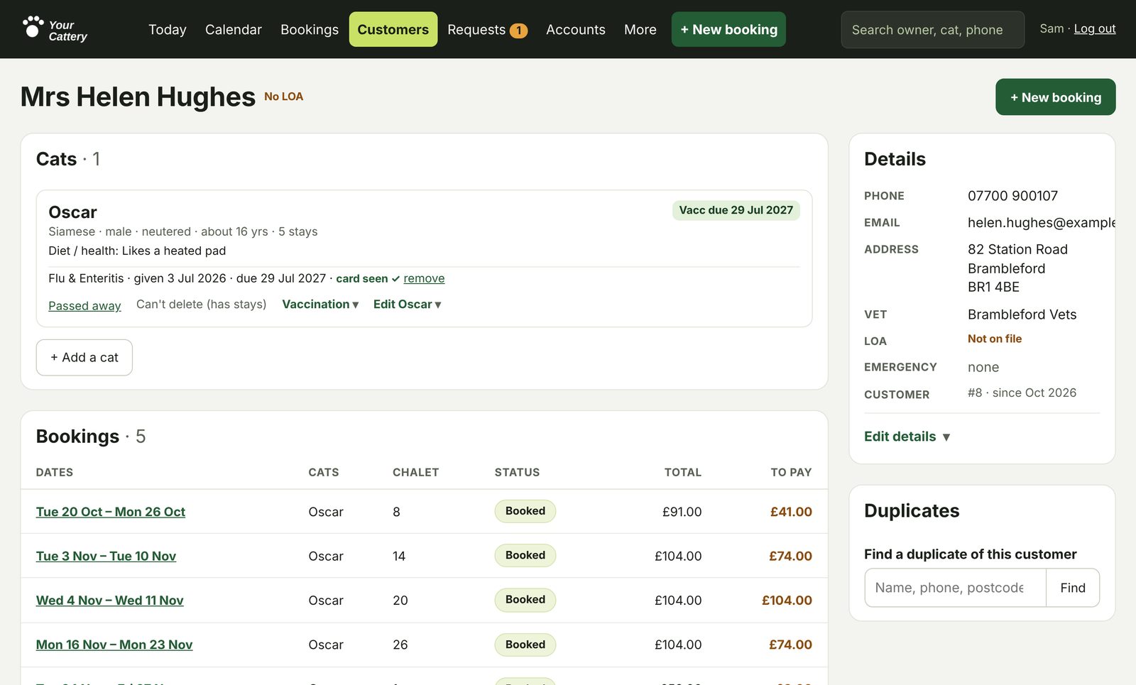 A customer record with their cats and bookings
