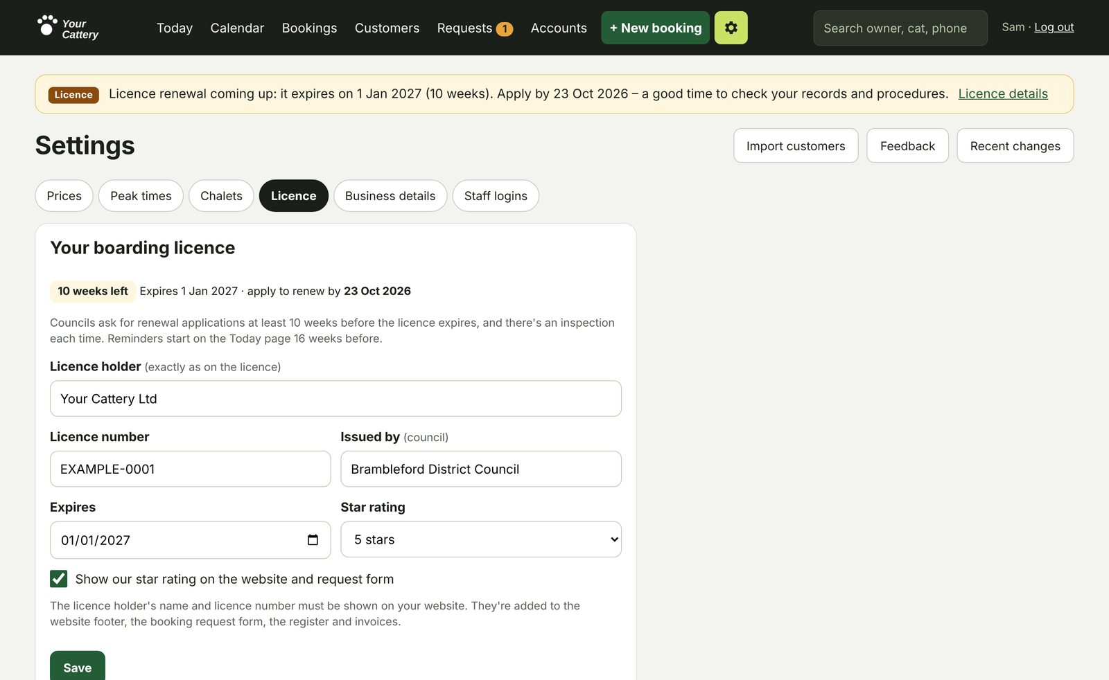 Licence settings showing ten weeks left and the date to apply by